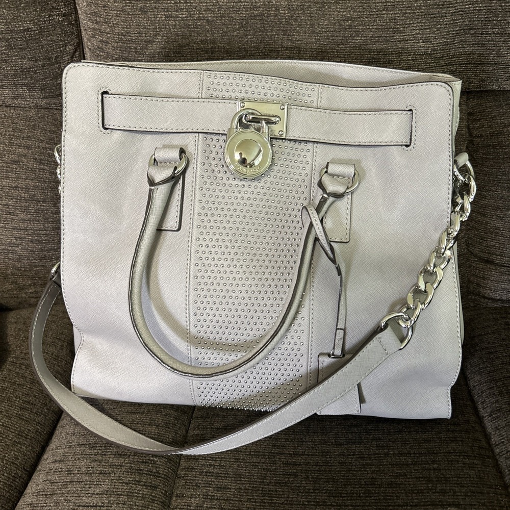 Michael Kors Hamilton Gray Leather Purse Micro Studs Statement Lock And Key Tote